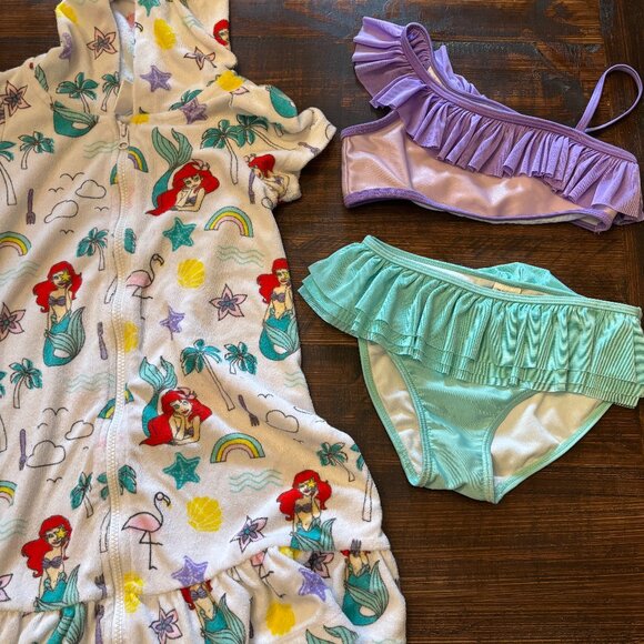 Disney Store Little Mermaid Girls 2pc Swimsuit and Coverup ~ 7/8 Medium EUC - Picture 1 of 4